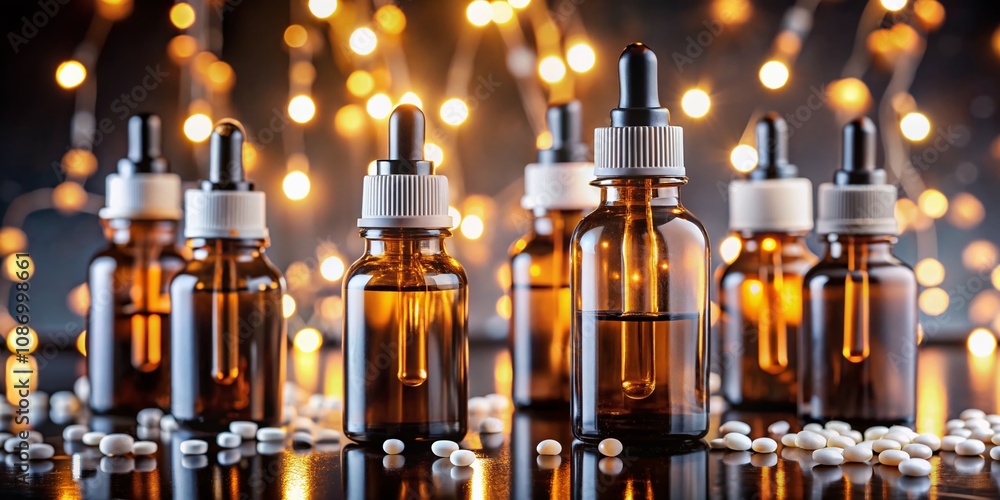 Night Photography of a Set Collection of Various Brown Medicine Pill Glass Pipette Dropper Bottles Isolated on White with Blank Labels for Creative Design Ideas Night Photography of a Set Collection of Various Brown Medicine Pill Glass Pipette Dropper Bottles Isolated on White with Blank Labels for Creative Design Ideas