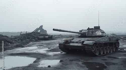 A weathered military tank on a desolate battlefield under an overcast sky, emphasizing themes of war, history, and resilience. photo