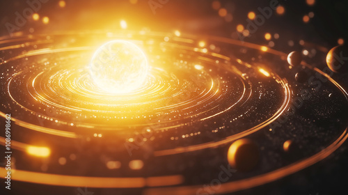 Abstract visualization of a glowing sun surrounded by swirling orbits, evoking themes of science, astronomy, and cosmic energy. Great for conceptual uses. photo