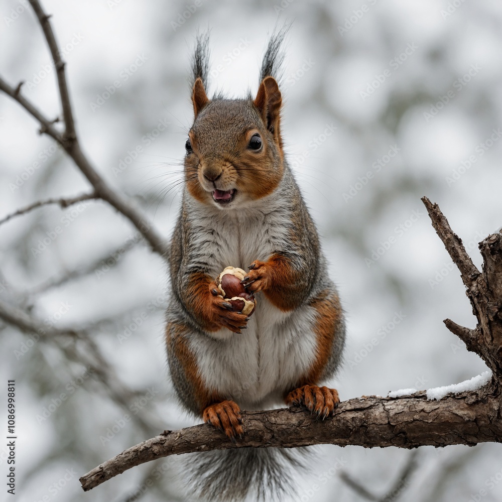 Fototapeta premium A squirrel holding a nut, sitting on a branch with a white backdrop.