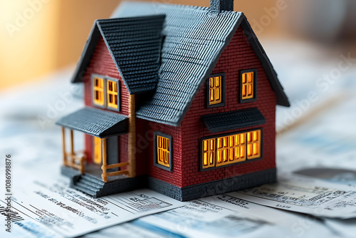 A visual concept showing how credit scores impact loan approval, with a scale from poor to excellent, loan documents, and a house model, focusing on financial evaluation.
 photo