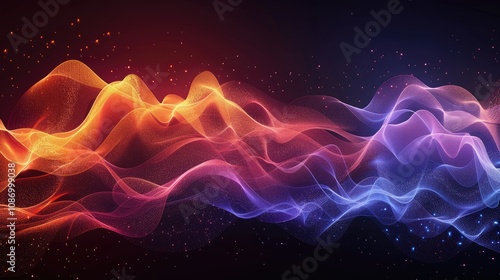Abstract background with red, orange, blue and purple wavy lines and light particles.