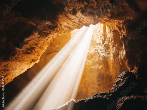 Sunlight streaming into a golden cave, highlighting the intricate rock formations. A mystical and natural atmosphere ideal for exploration and adventure themes. photo