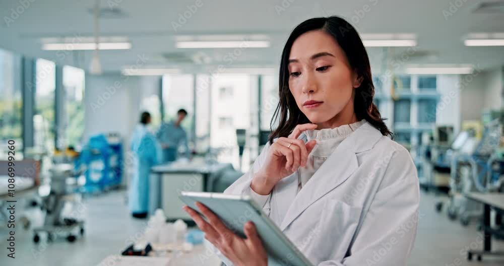 Research, tablet and thinking with Japanese woman in laboratory for medical school, clinical skills and report. Biotechnology, idea and healthcare with person in hospital for innovation and vision Research, tablet and thinking with Japanese woman in laboratory for medical school, clinical skills and report. Biotechnology, idea and healthcare with person in hospital for innovation and vision