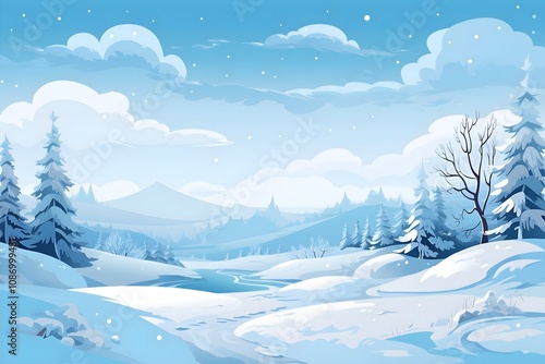 A Fantasy landscape a glacier island, snow, fairy illustration, nature, vector, background, hill, sky, mountain, tree, environment, horizon, summer, blue, forest, landscape - scenery, horizontal,