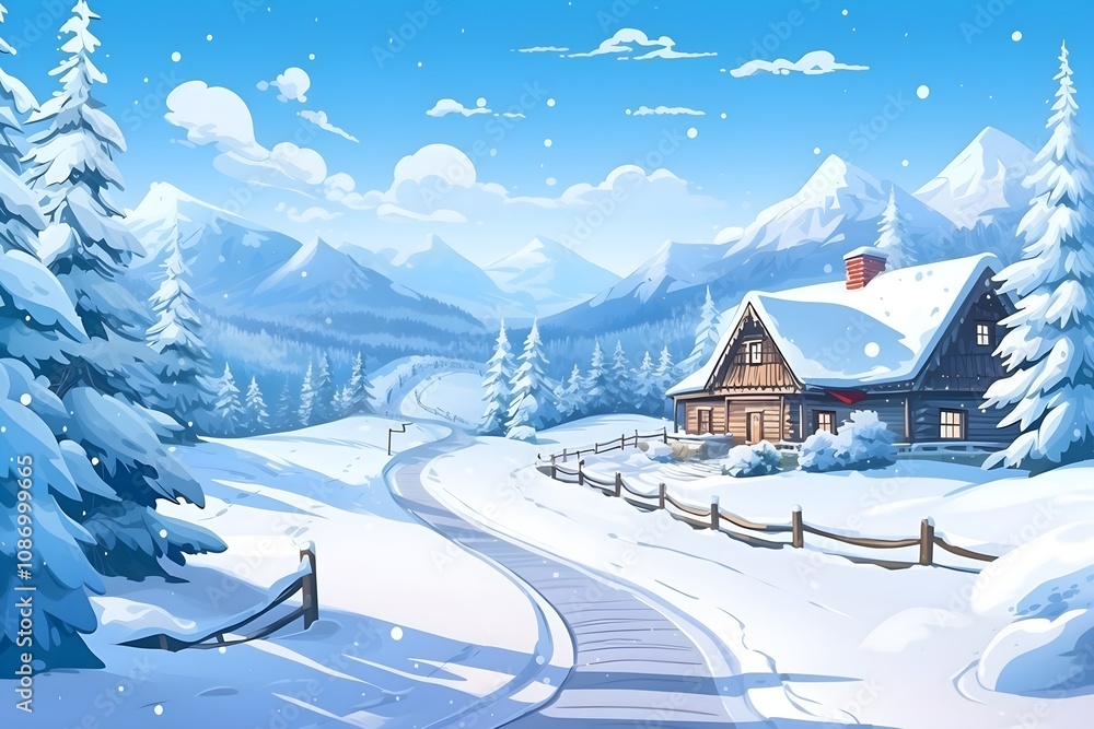 Naklejka premium A Fantasy landscape a glacier island, snow, fairy illustration, nature, vector, background, hill, sky, mountain, tree, environment, horizon, summer, blue, forest, landscape - scenery, horizontal,