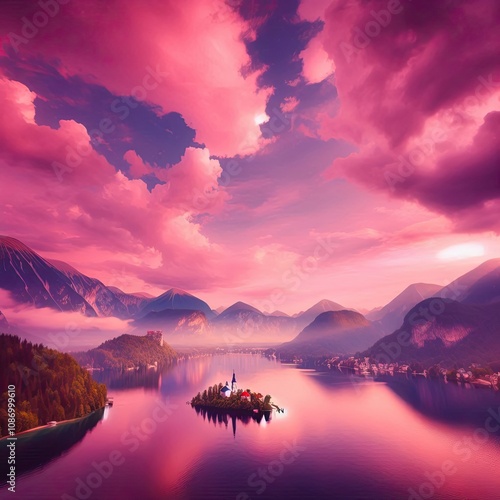 A dreamy, pink-hued sky over a peaceful lake surrounded by mountains
