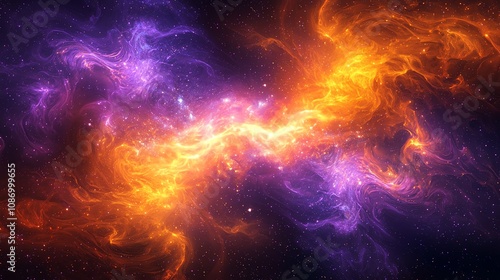 Abstract cosmic nebula, fiery orange and purple swirls.