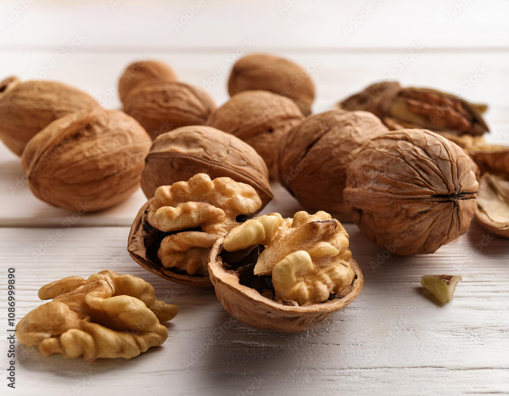 un grupo de nueces partidas sobre una mesa blanca junto a otras nueces enteras un grupo de nueces partidas sobre una mesa blanca junto a otras nueces enteras
