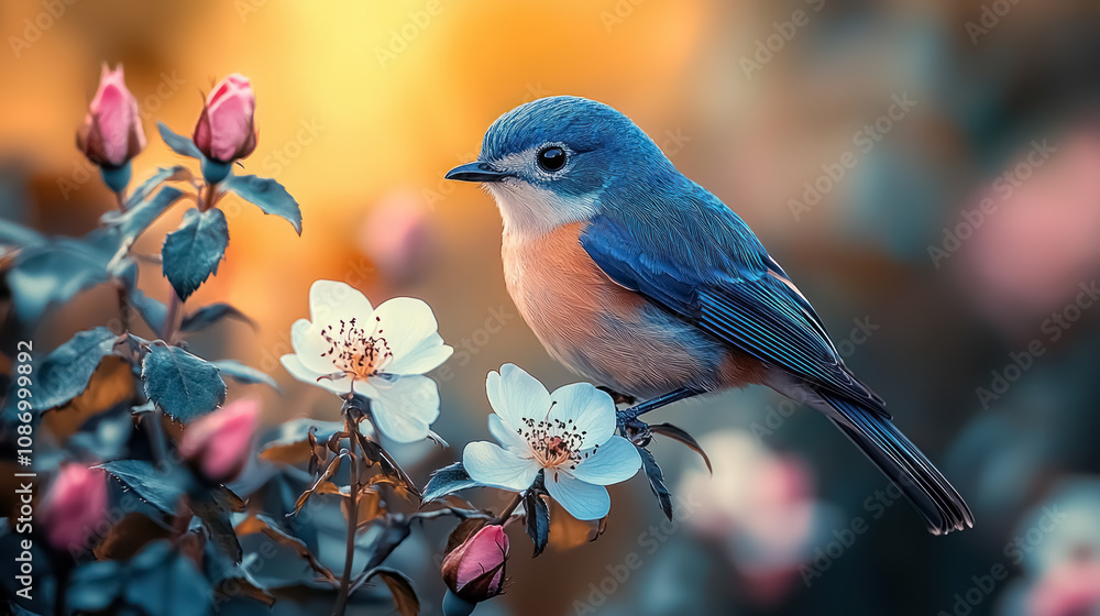 vivid bluebird perched on a flowering branch at sunset vivid bluebird perched on a flowering branch at sunset