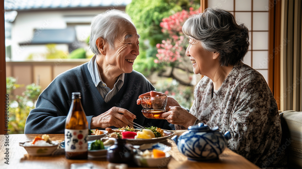 おせち料理を囲む日本人の老夫婦の温かい時間 おせち料理を囲む日本人の老夫婦の温かい時間