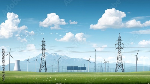 Detailed smart energy grid showing the interconnection of solar wind hydro and nuclear power plants with advanced management and automation technologies for efficient