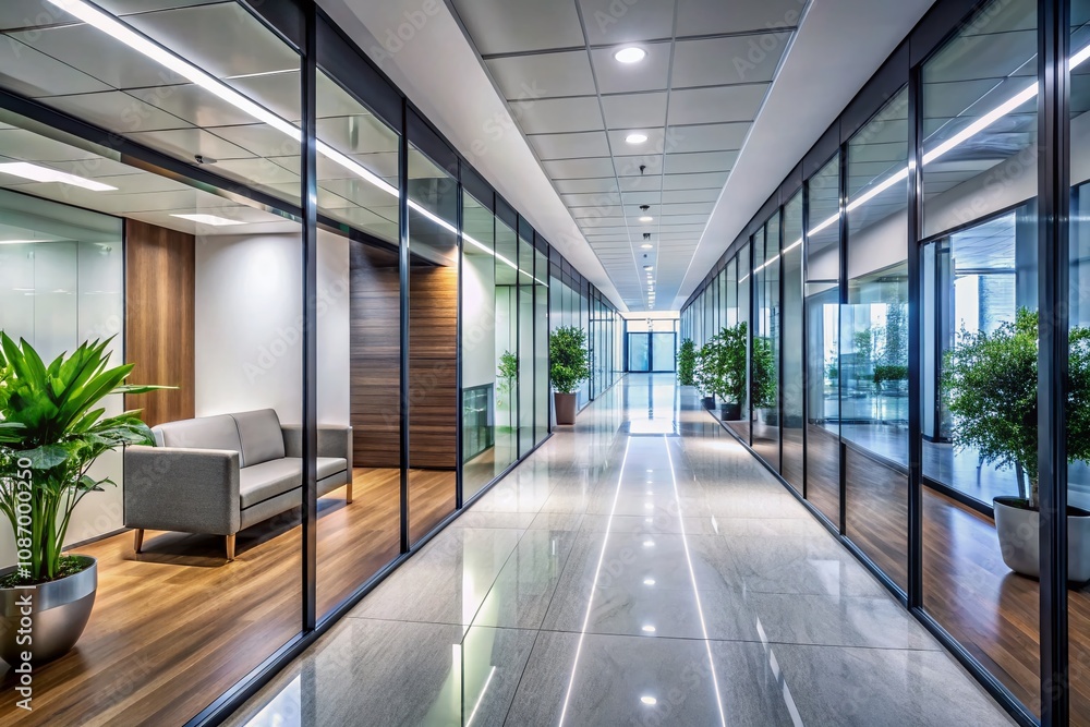 Panoramic View of a Modern Business Corridor Showcasing Sleek Architectural Design and Bright Lighting, Ideal for Corporate Environments and Professional Settings Panoramic View of a Modern Business Corridor Showcasing Sleek Architectural Design and Bright Lighting, Ideal for Corporate Environments and Professional Settings
