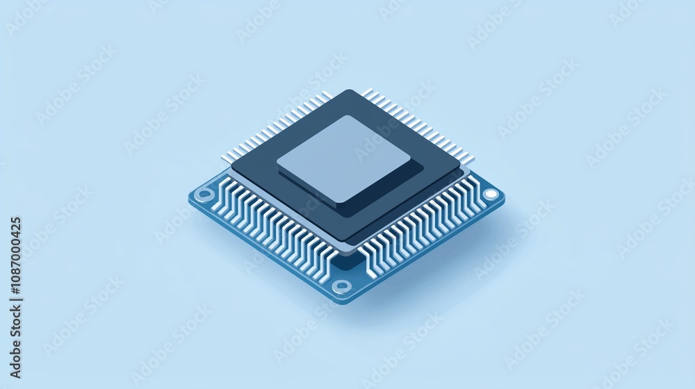Microchip icon, outlined simply, resting on a flat muted blue background. Microchip icon, outlined simply, resting on a flat muted blue background.