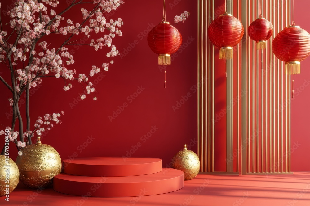 Elegant red podium with golden accents, paper lanterns, and cherry blossoms for Chinese New Year themes Elegant red podium with golden accents, paper lanterns, and cherry blossoms for Chinese New Year themes