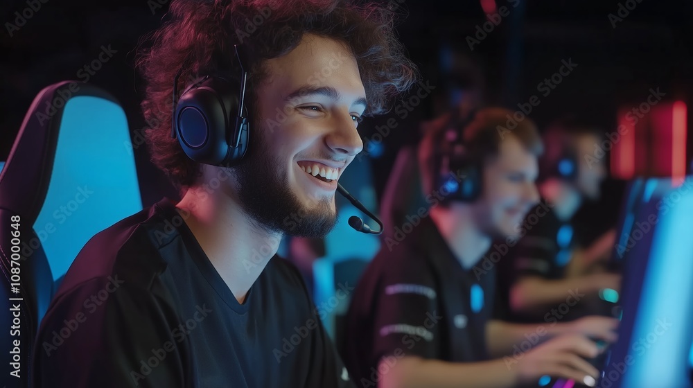 A young man wearing a headset smiles while playing a video game with friends A young man wearing a headset smiles while playing a video game with friends