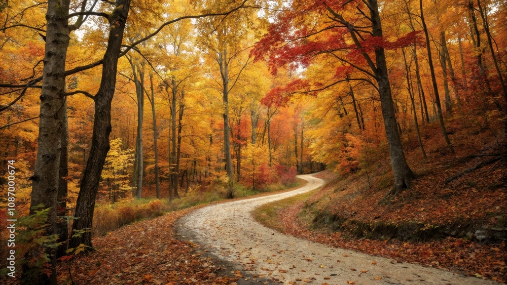 Naklejka premium Winding Trail Through Colorful Deciduous Forest with Bokeh Effect and Fallen Leaves