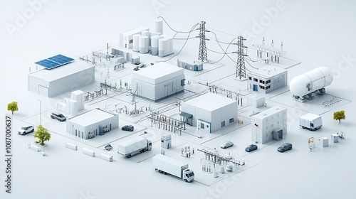 of a modern centralized smart power grid system efficiently linking renewable energy sources like solar and wind with residential commercial