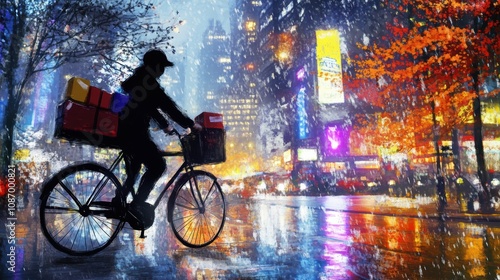 Wallpaper Mural A cyclist delivers parcels through a vibrant city on a rainy night. Torontodigital.ca