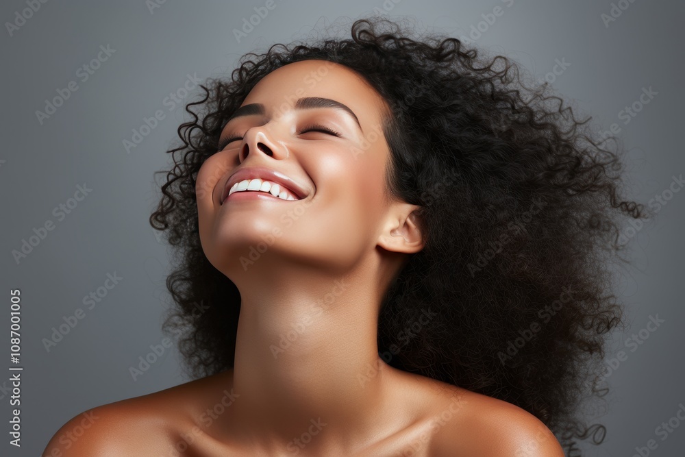 Beautiful smiling afro woman touching her flawless glow, perfect skin care and confidence Beautiful smiling afro woman touching her flawless glow, perfect skin care and confidence