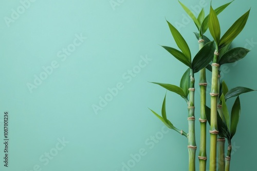 Lucky bamboo with twisted stalks on a pastel green background with copy space, symbolizing growth, resilience, and tranquility
