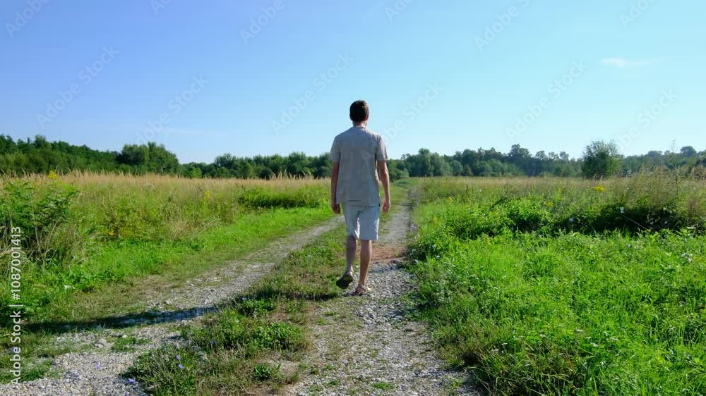 Man walking along a rural dirt road, surrounded by fields and forest, capturing the peaceful, rustic atmosphere of countryside life. Simple, quiet scene emphasizing solitude and nature. Man walking along a rural dirt road, surrounded by fields and forest, capturing the peaceful, rustic atmosphere of countryside life. Simple, quiet scene emphasizing solitude and nature.