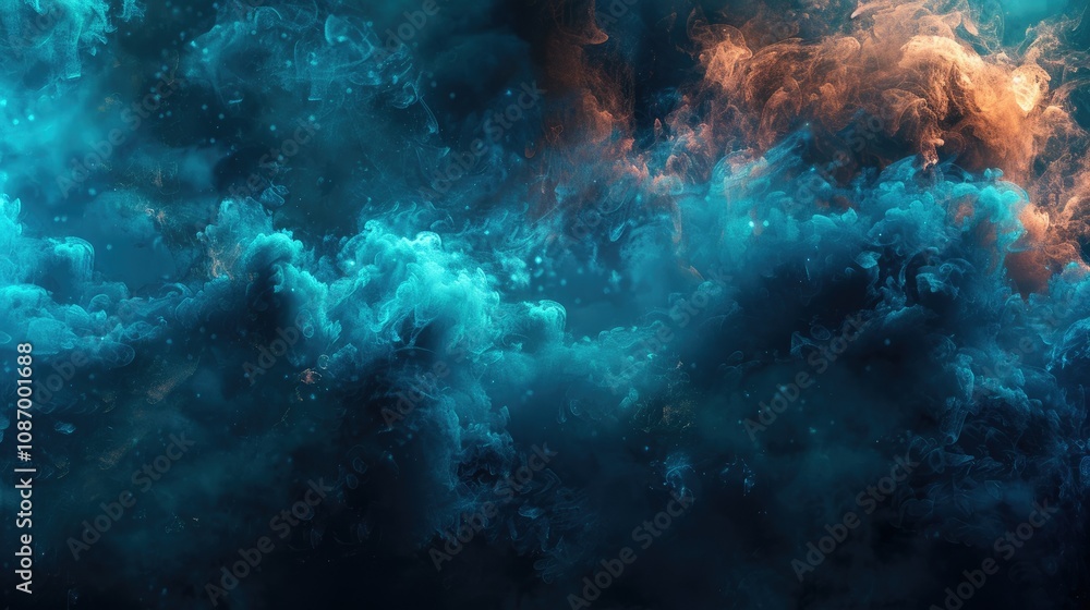 Abstract cosmic background with blue and orange clouds and glowing particles. Abstract cosmic background with blue and orange clouds and glowing particles.