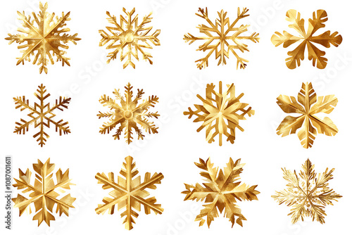 Shiny golden snowflakes pattern forming christmas decoration on white background