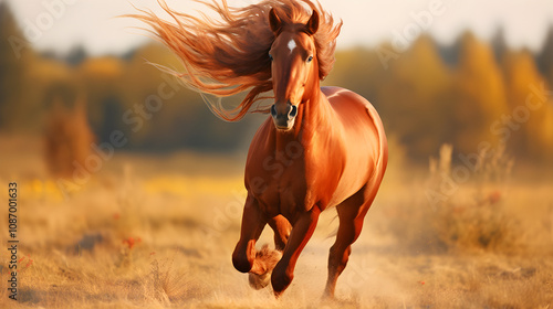 Chestnut horse galloping in autumn fields, wild horse running