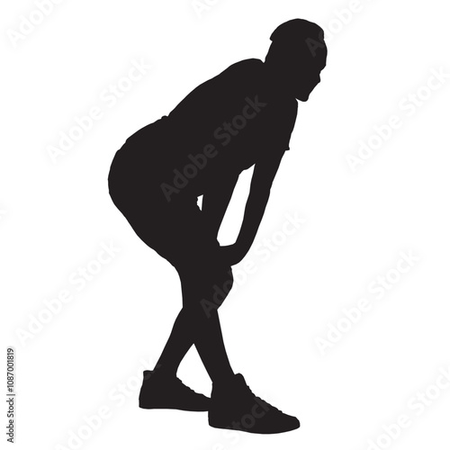 Silhouette of a man resting after running standing with his hands on his legs. Vector illustration.