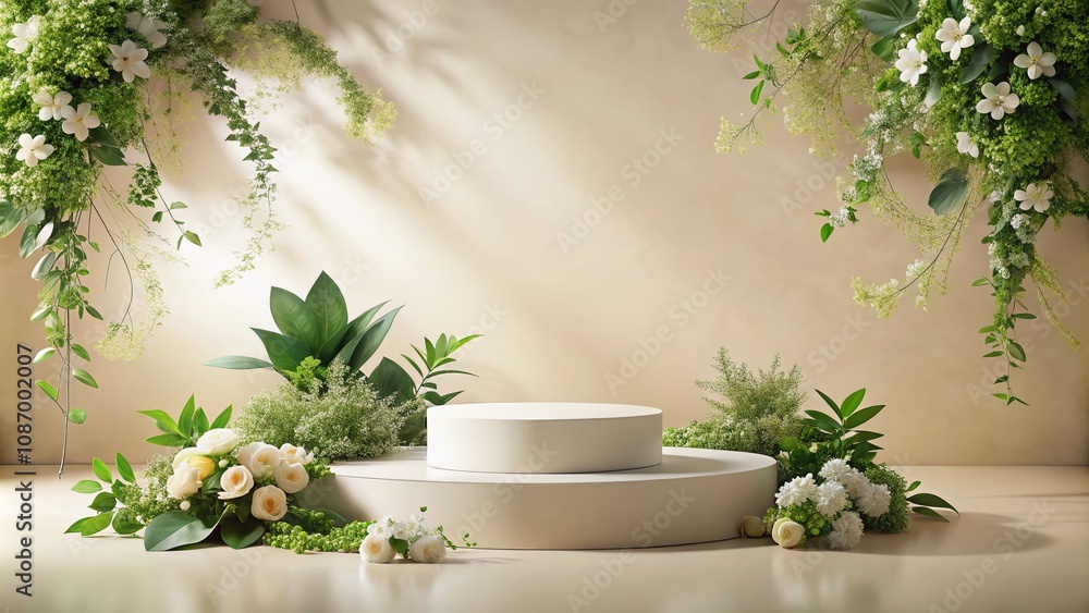Elegant White Concrete Podium with Leaves and Flowers on Beige Background for Beauty and Cosmetic Product Showcase, Perfect for Stage Decoration and Promotional Presentations Elegant White Concrete Podium with Leaves and Flowers on Beige Background for Beauty and Cosmetic Product Showcase, Perfect for Stage Decoration and Promotional Presentations