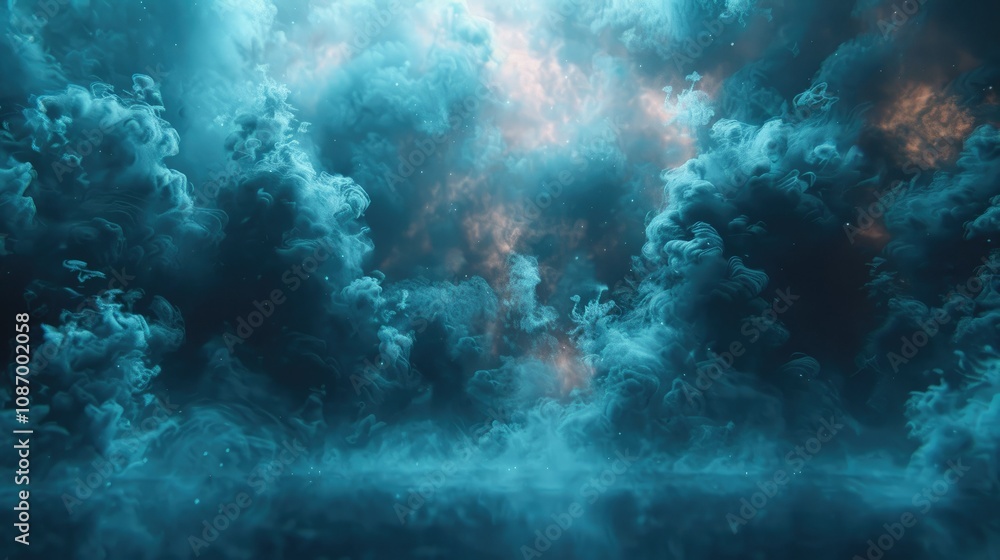 Fototapeta premium Abstract dark blue and orange clouds with a bright light in the center, reflecting in the water.