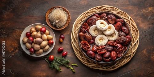 Premium Bird's Nest Ingredients: Salanganes Nest, Red Reishi Mushroom, and Jujube on Round Dishes with Copy Space for Distilling Premium Extracts, Top View Flat Lay photo