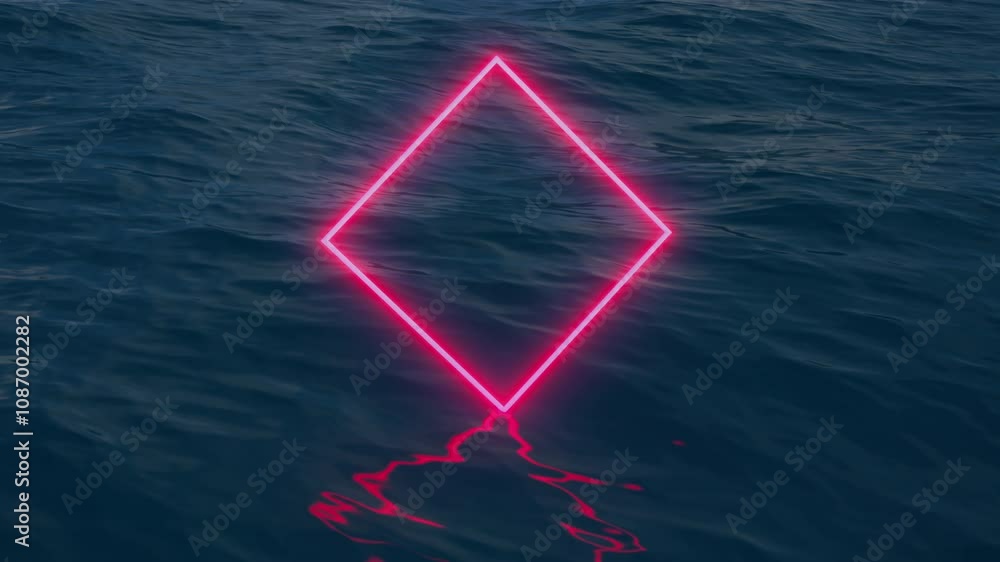 Abstract seamless loop animation of glowing pink neon rhomb frame over dark blue ocean