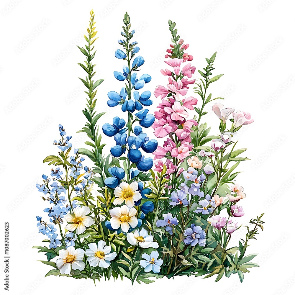 Fototapeta premium Vibrant Watercolor Wildflower Bouquet A Delicate Arrangement of Blue, Pink, and White Blooms.