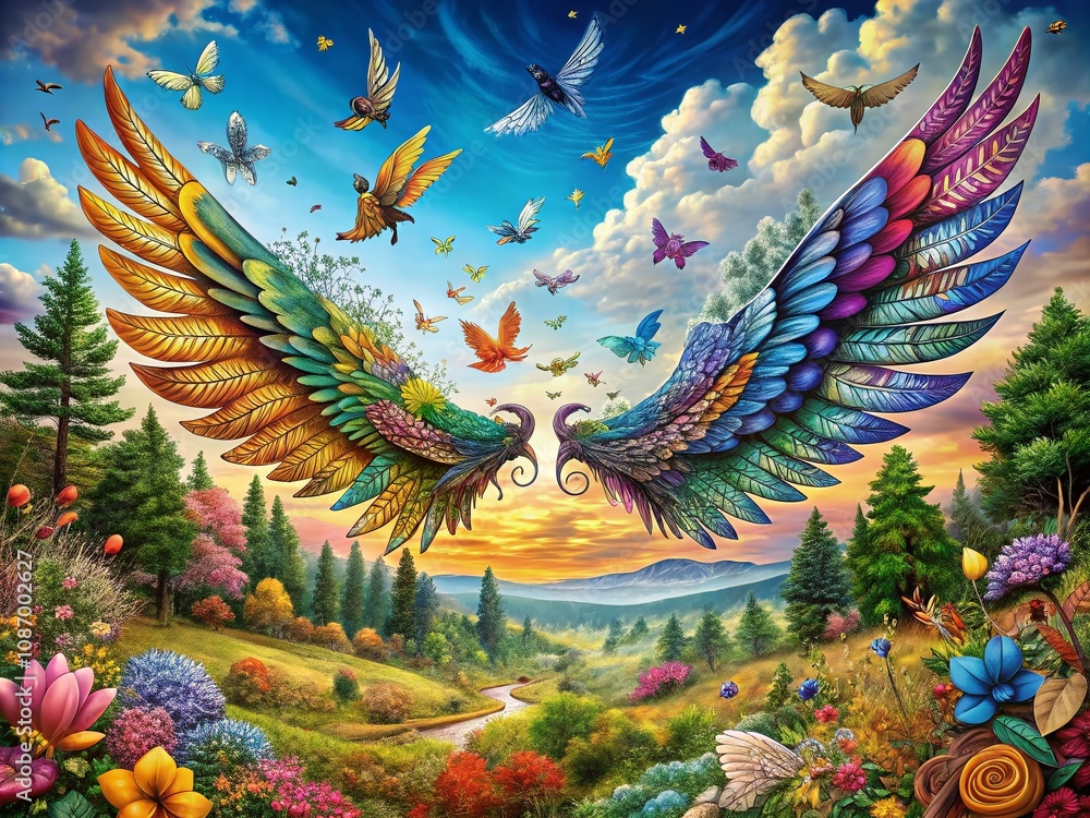 Obraz premium Panoramic Photography of a Beautiful Wing Doodle Landscape with Vibrant Colors and Intricate Patterns, Capturing the Essence of Creativity and Nature in Harmony
