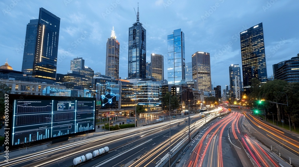 Obraz premium Futuristic cityscape with advanced smart grid technology integrated energy storage infrastructure and real time data visualization displayed across the modern high rise buildings and urban landscape