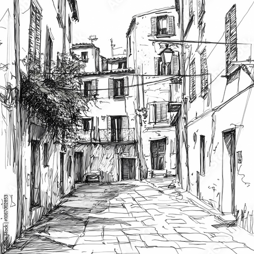 Charming black and white sketch of a small cozy residential Italian street with old historical architecture
