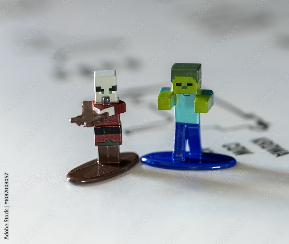 Naklejka premium Close-up of Jada brand Minecraft figurines including Villager and Zombie on a white table
