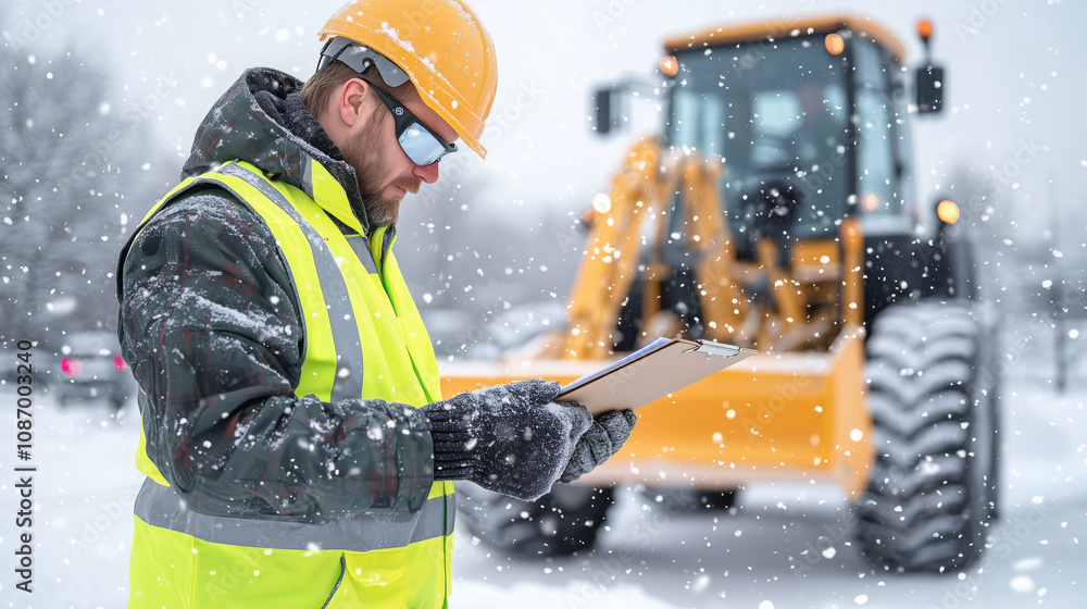 Fototapeta premium A site supervisor in a green high visibility jacket reviews details on a clipboard amid snowfall, with construction equipment visible in a snowy landscape.