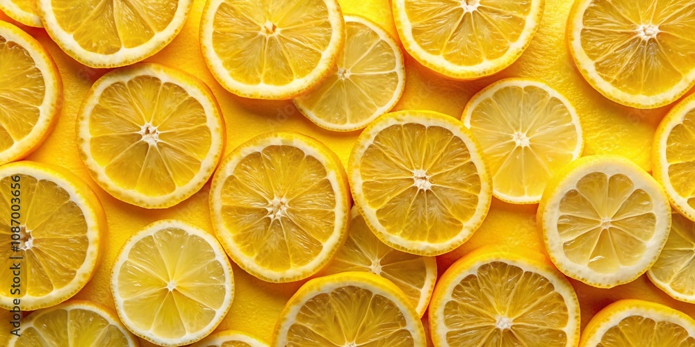 Panoramic Photography of Realistic Lemon Slices on a Bright Background, Perfect for Culinary and Refreshing Beverage Themes, Showcasing the Zesty Texture and Color of Citrus Panoramic Photography of Realistic Lemon Slices on a Bright Background, Perfect for Culinary and Refreshing Beverage Themes, Showcasing the Zesty Texture and Color of Citrus