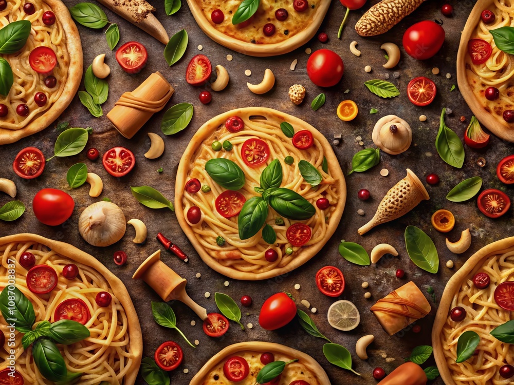 Seamless Pattern of Italian Delights Featuring Pizza and Pasta with Mushrooms in Low Light Photography for Culinary Enthusiasts and Foodies Seamless Pattern of Italian Delights Featuring Pizza and Pasta with Mushrooms in Low Light Photography for Culinary Enthusiasts and Foodies