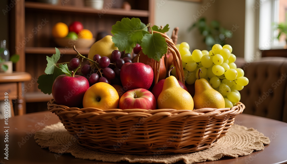 Basket filled with a variety of fruits - apples, pears and grapes, on the background of cozy interior. Basket filled with a variety of fruits - apples, pears and grapes, on the background of cozy interior.