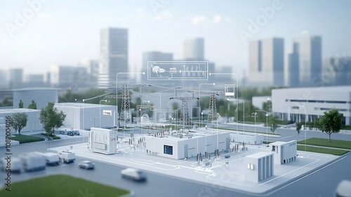 Visualization of a modern power grid with a central control hub integrating renewable energy sources like solar and wind turbines photo