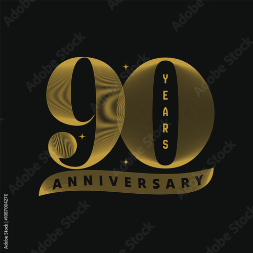 90 years anniversary golden text logo. 90th wedding anniversary greeting card, banner, template, poster design. Luxury text effect for elegant brand. Decorative lettering vector illustration.