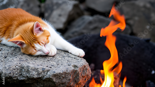 A cat is sleeping on a rock with a fire burning around it. The cat is orange and white photo