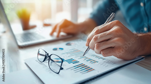 Professionals engaged in financial analysis, working closely with customers to evaluate charts and data in a contemporary office environment, ensuring effective communication and insight.