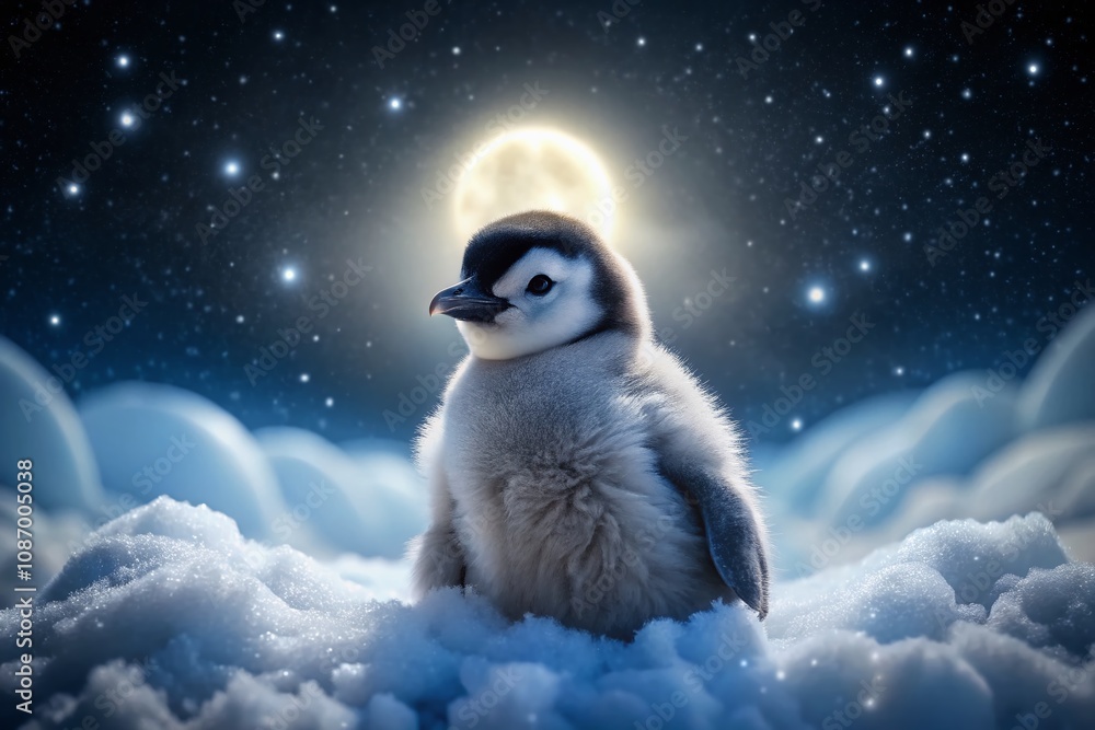 Enchanting Night Photography of an Adorable Baby Penguin Chick Under the Starry Sky in its Natural Habitat, Capturing the Magic of Wildlife in Antarctica's Serene Nightscape Enchanting Night Photography of an Adorable Baby Penguin Chick Under the Starry Sky in its Natural Habitat, Capturing the Magic of Wildlife in Antarctica's Serene Nightscape