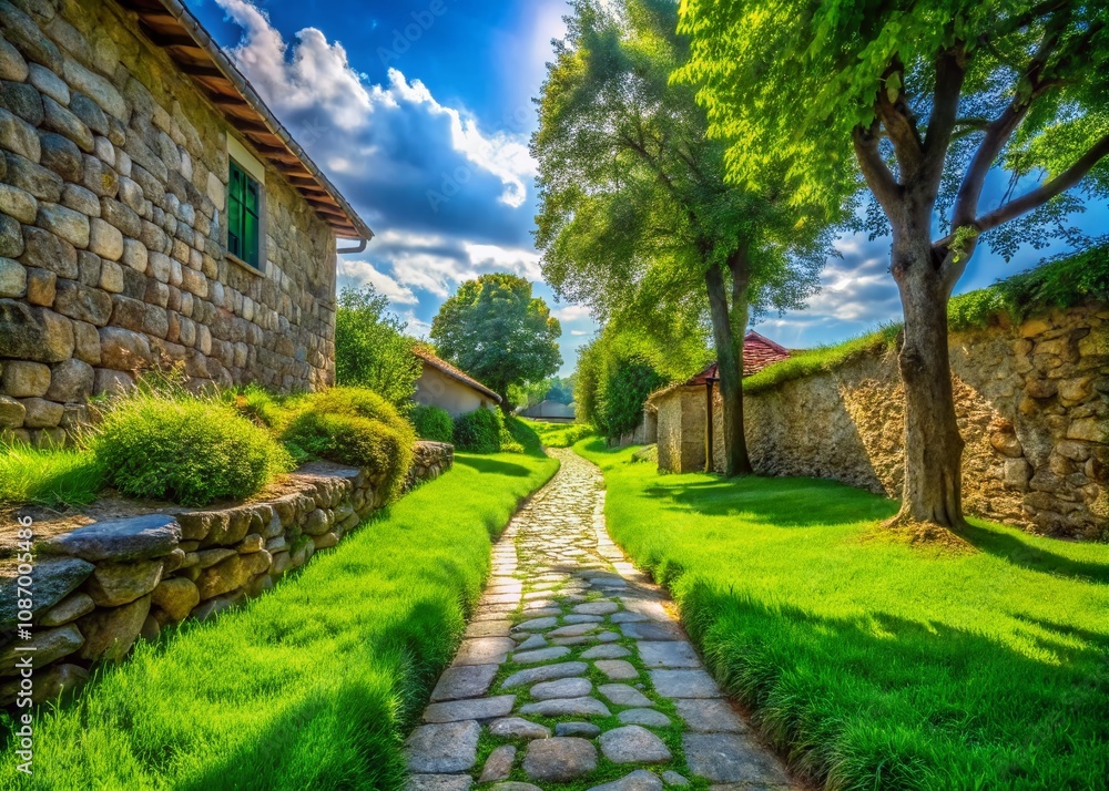 Serene Stone Paved Alley Surrounded by Lush Green Grass in a Picturesque Landscape Setting Ideal for Nature Lovers and Tranquil Outdoor Spaces Serene Stone Paved Alley Surrounded by Lush Green Grass in a Picturesque Landscape Setting Ideal for Nature Lovers and Tranquil Outdoor Spaces