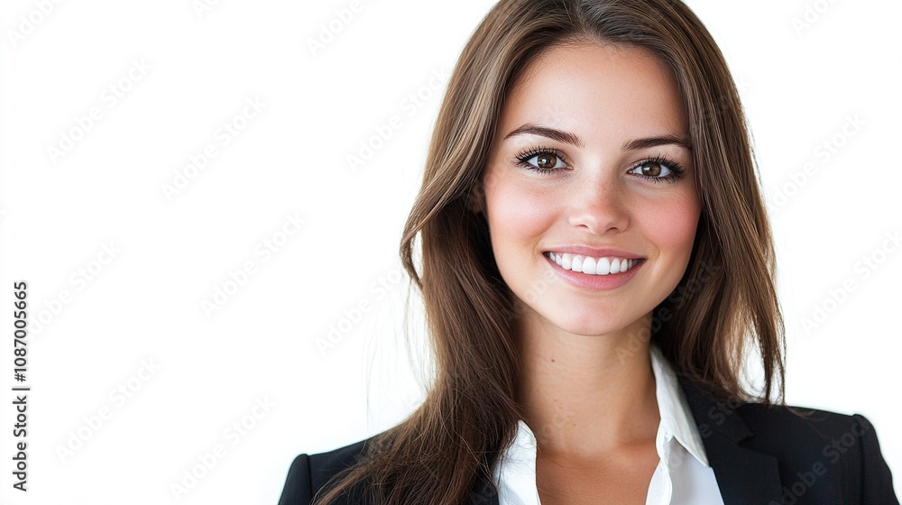 Professional Young Businesswoman Smiling Against White Background in Suit and Blouse, Portraying Confidence and Approachability for Corporate and Networking Use Professional Young Businesswoman Smiling Against White Background in Suit and Blouse, Portraying Confidence and Approachability for Corporate and Networking Use
